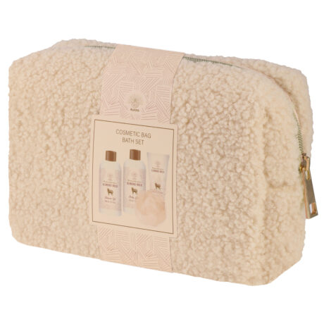 AURORA GIFT SET 4 PCS (ΜΕ COSMETIC BAG) – ΓΑΛΑ ΑΜΥΓΔΑΛΟΥ Με άρωμα Γάλα Αμυγδάλου, το σετ περιλαμβάνει: Αφρόλουτρο 200ml Body Lotion 200ml Κρέμα Χεριών 60ml Bath Sponge